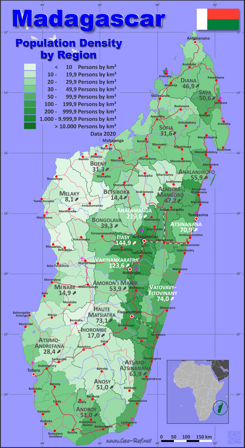 Mapa Madagascar Divisin administrativa - Densidad de población 2020