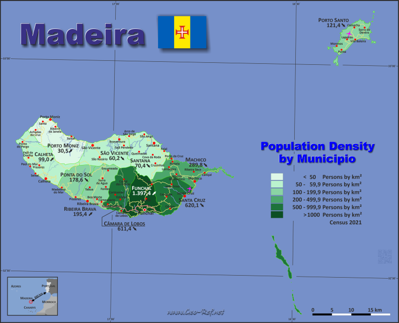 Mapa Madeira Divisin administrativa - Densidad de población 2021