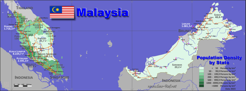 Mapa Malasia División administrativa - Densidad de población 2020