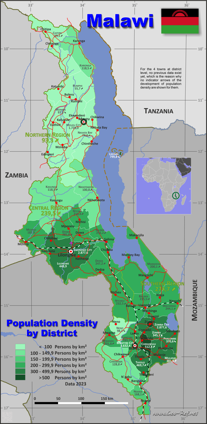 Mapa Malaui Divisin administrativa - Densidad de población 2023