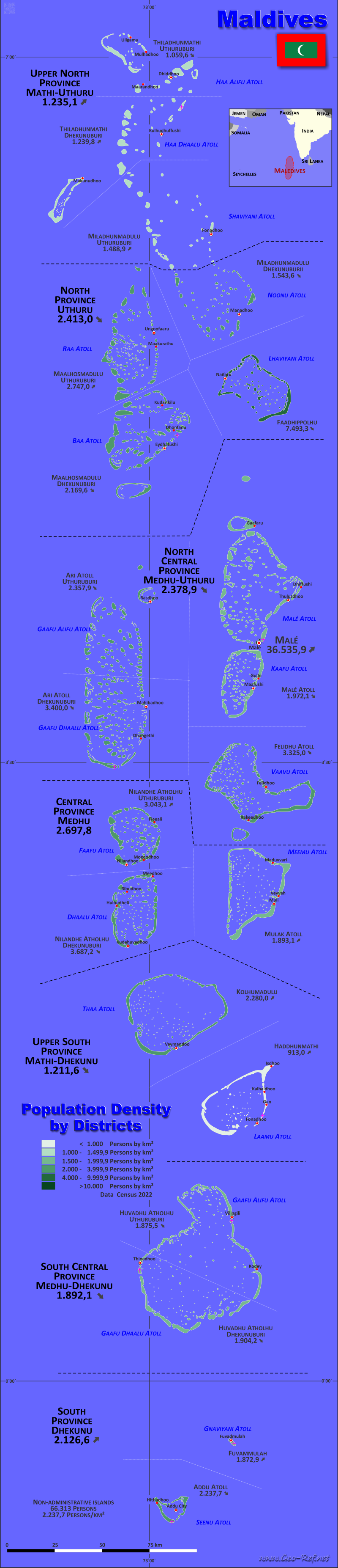 Mapa Islas Maldivas División administrativa - Densidad de población 2014
