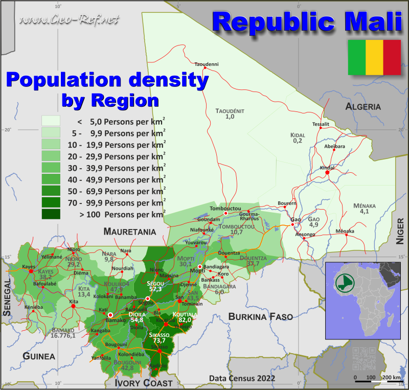 Mapa Malí División administrativa - Densidad de población 2016