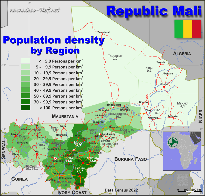 Map Mali - Administrative division - Population density 2022