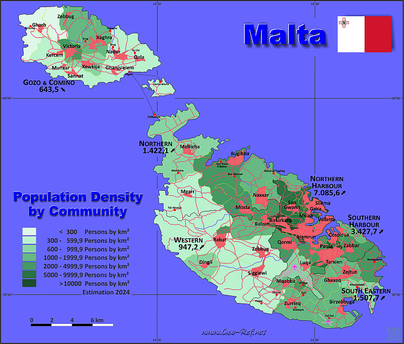 Mapa Malta Divisin administrativa - Densidad de población 2021