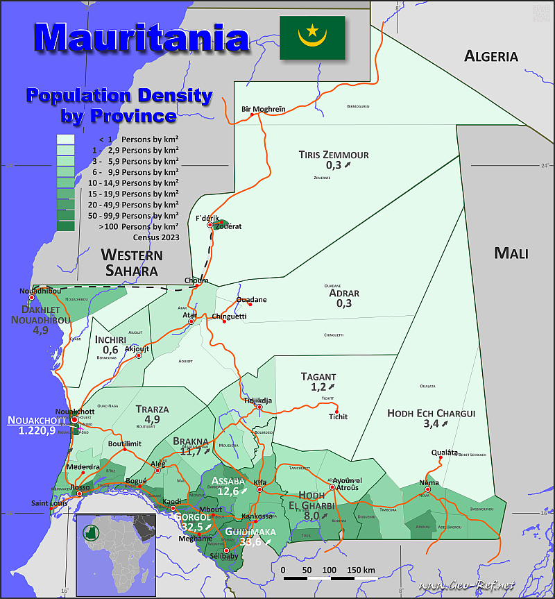 Karte Mauritanien - Verwaltungsstruktur - Bevölkerungsdichte 2019