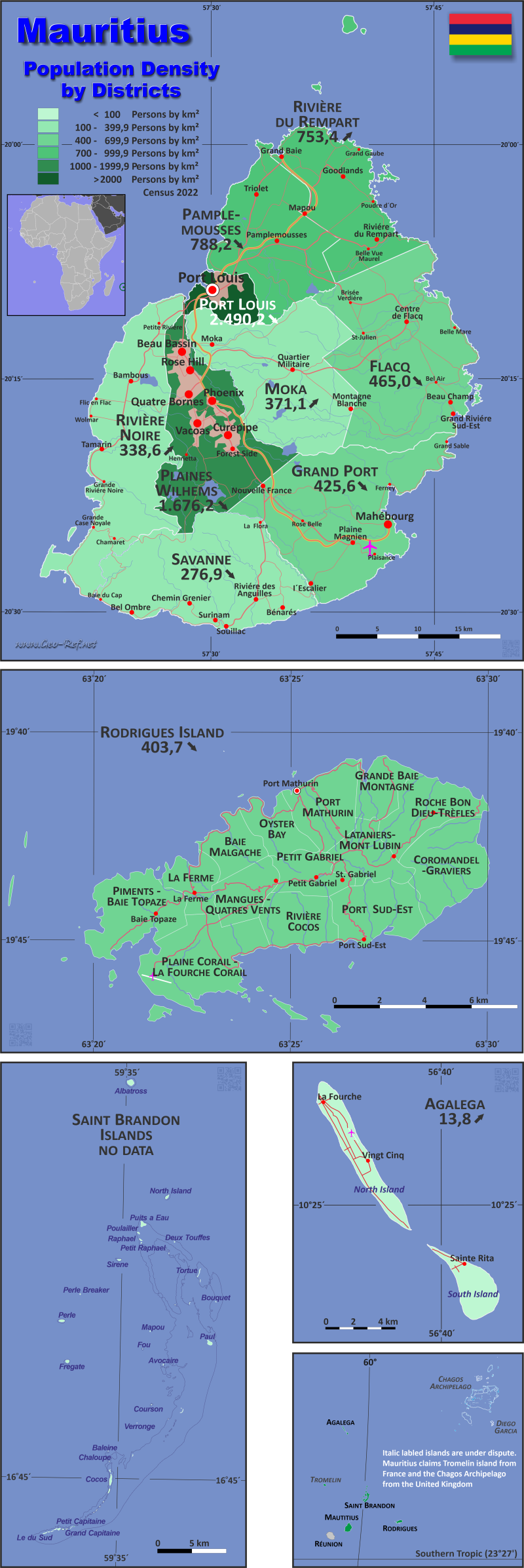 Mapa Isla Mauricio Divisin administrativa - Densidad de población 2021