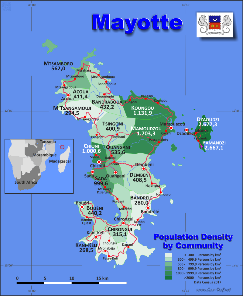 Map Mayotte - Popultion density by administrative division