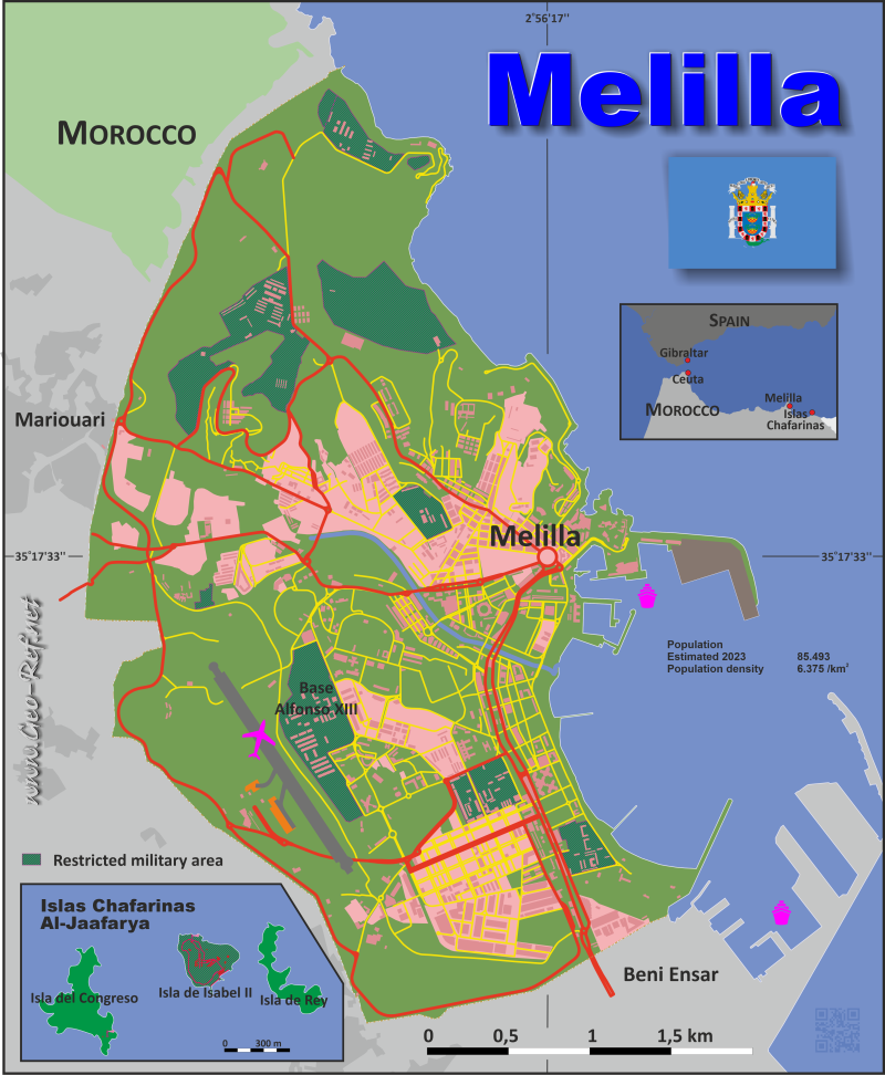Mapa Melilla División administrativa - Densidad de población 2023