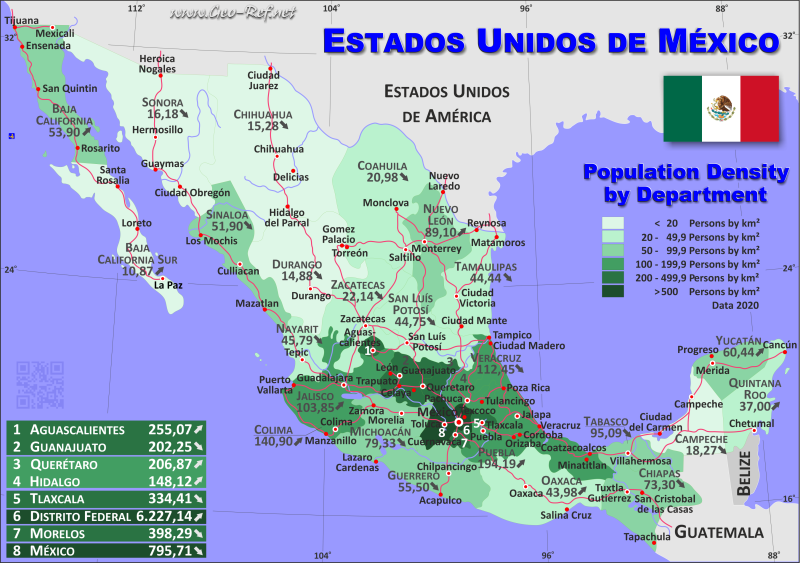Mapa Mexico División administrativa - Densidad de población 2020