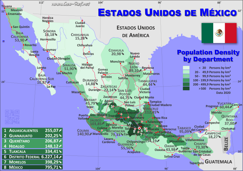 Mapa Mexico Divisin administrativa - Densidad de población 2020