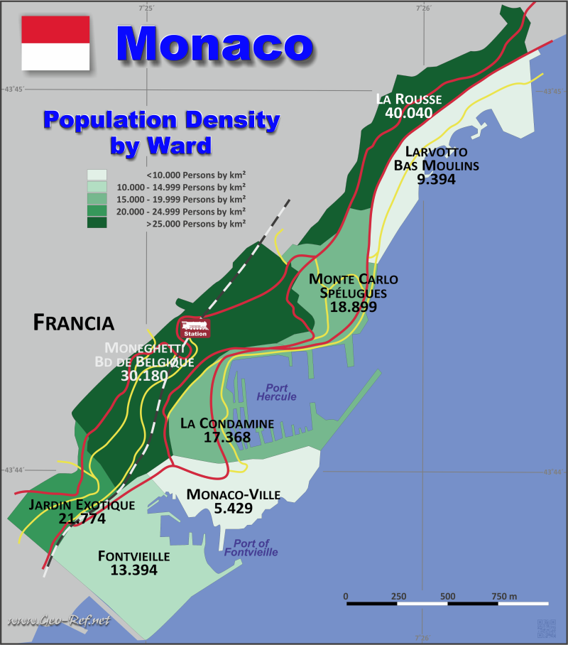 Karte Monaco - Verwaltungsstruktur - Bevölkerungsdichte 2018