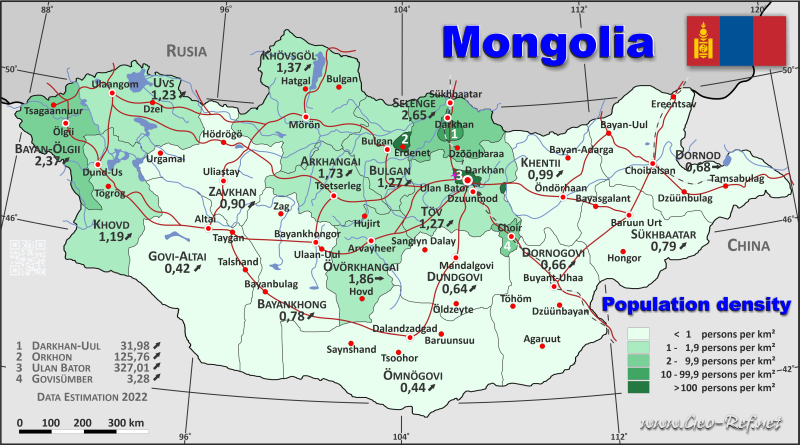 Mapa Mongolia Divisin administrativa - Densidad de población 2022