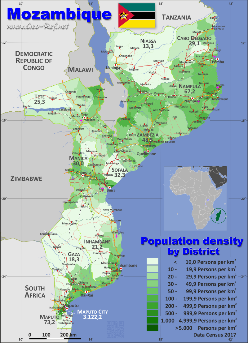 Map Mozambique - Administrative division - Population density 2017