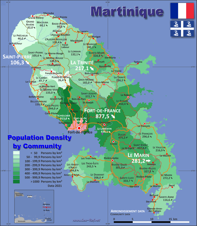 Mapa Martinique División administrativa - Densidad de población 2021