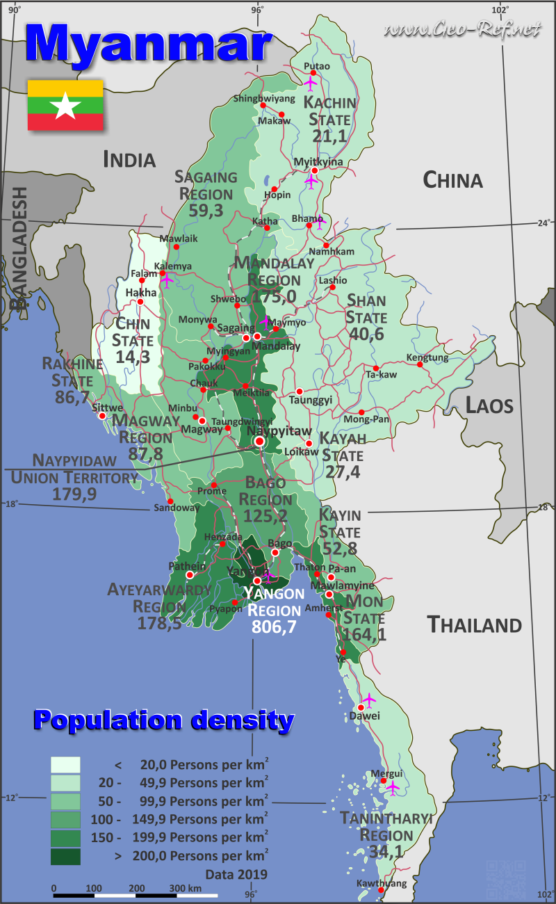 Karte Myanmar - Verwaltungsstruktur - Bevölkerungsdichte 2019