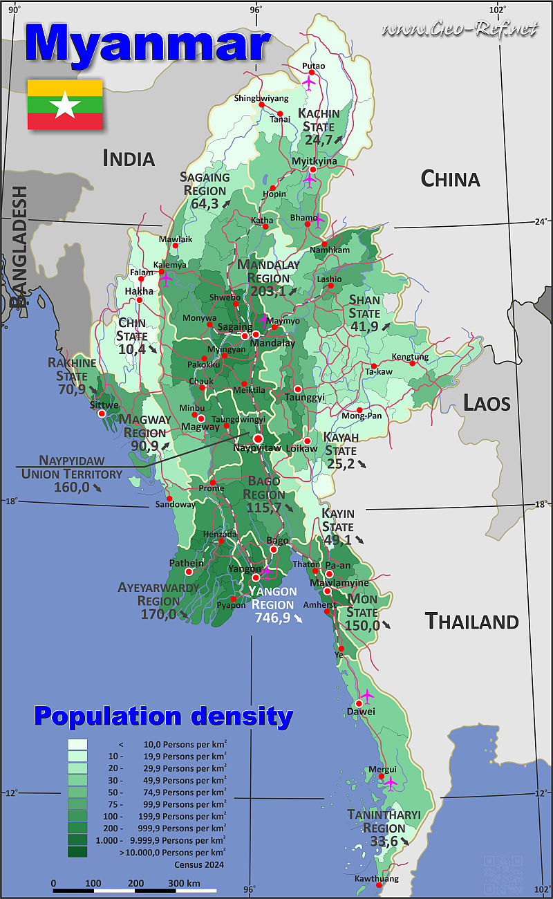 Mapa Myanmar Divisin administrativa - Densidad de población 2019