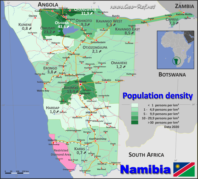 Mapa Namibia División administrativa - Densidad de población 2020