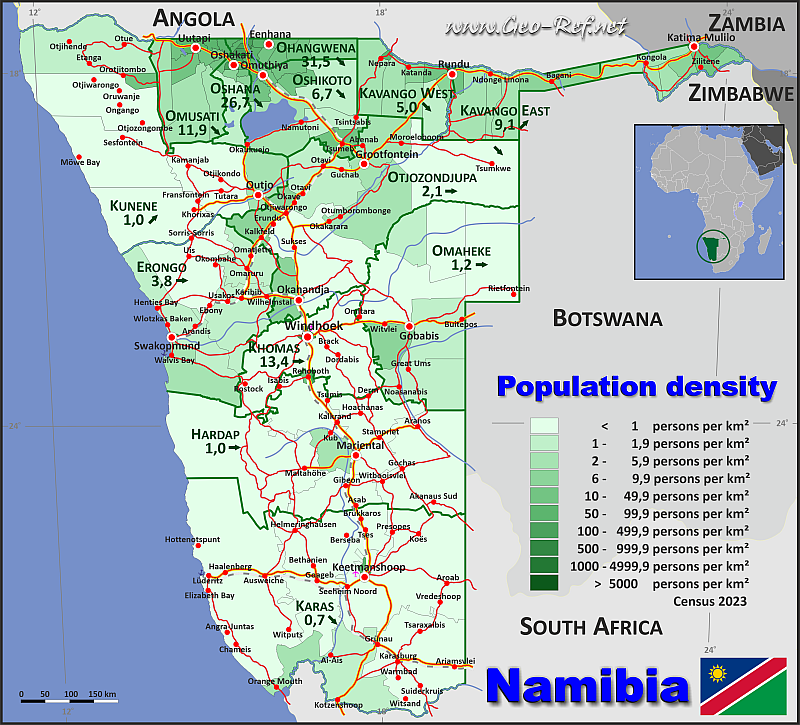 Map Namibia - Administrative division - Population density 2020