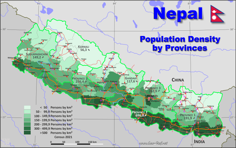 Mapa Nepal Divisin administrativa - Densidad de población 2021