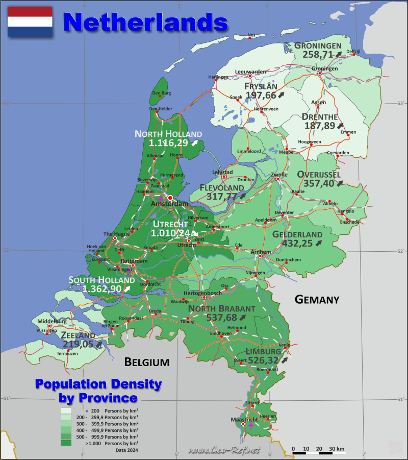 Mapa Holanda División administrativa - Densidad de población 2022