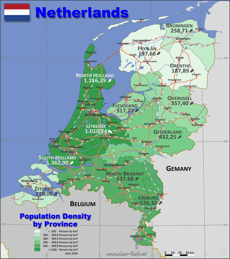 Mapa Holanda Divisin administrativa - Densidad de población 2024