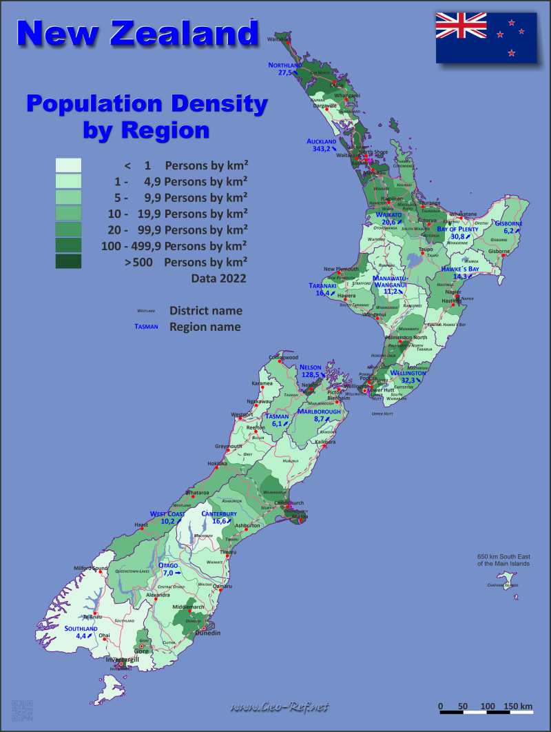 Map New Zealand - Administrative division - Population density 2022