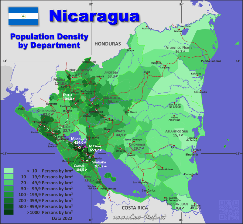 Map Nicaragua - Administrative division - Population density 2022