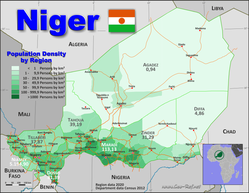 Karte Niger - Verwaltungsstruktur - Bevölkerungsdichte 2020