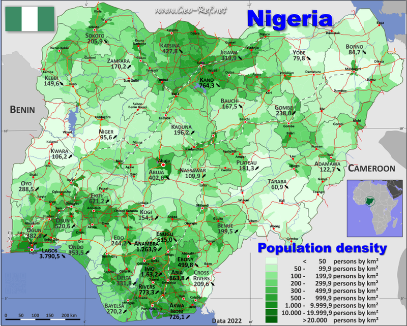 Mapa Nigeria División administrativa - Densidad de población 2016