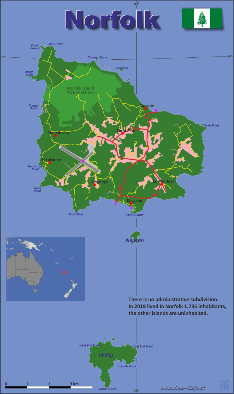 Mapa Isla Norfolk División administrativa - Densidad de población 2021