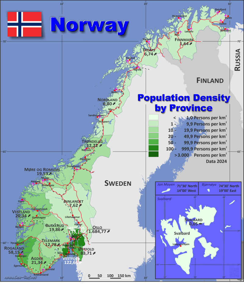 Karte Norwegen - Verwaltungsstruktur - Bevölkerungsdichte 2024