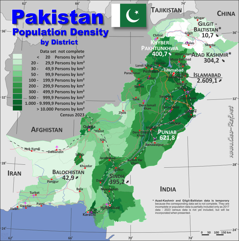 Karte Pakistan - Verwaltungsstruktur - Bevölkerungsdichte 2023