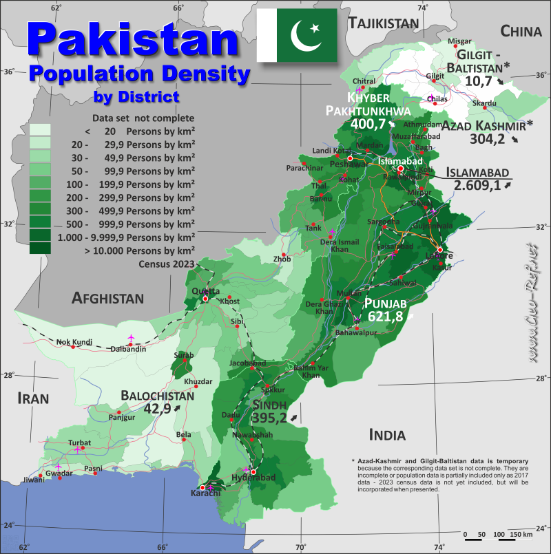 Mapa Paquistn Divisin administrativa - Densidad de población 2023