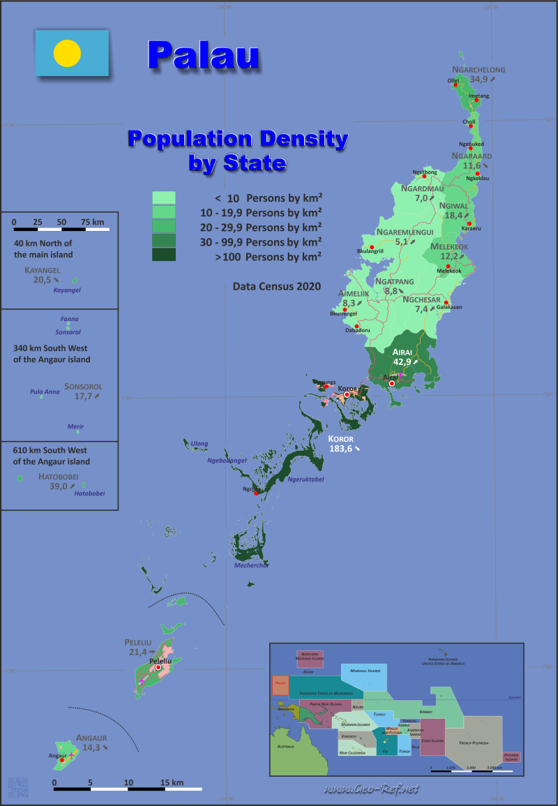 Mapa Palaos División administrativa - Densidad de población 2020
