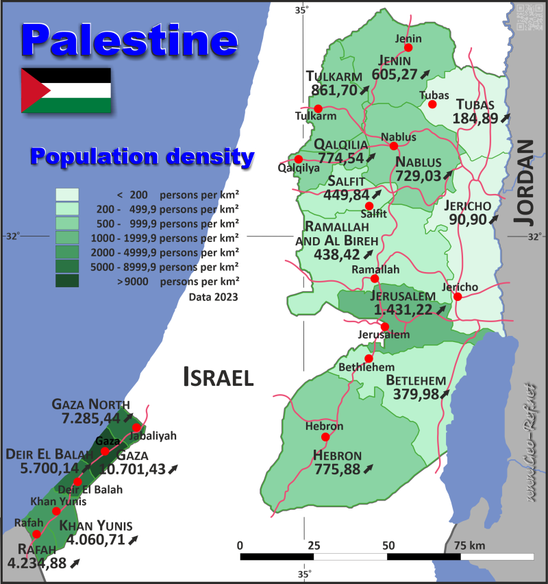 Mapa Palestina Divisin administrativa - Densidad de población 2020