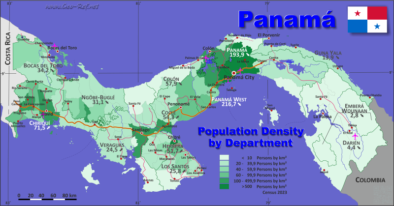 Karte Panama - Verwaltungsstruktur - Bevölkerungsdichte 2023