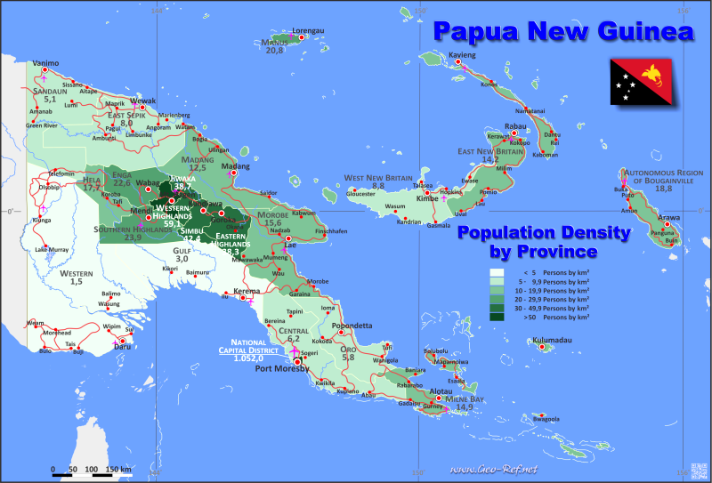 Mapa Papa Nueva Guinea Divisin administrativa - Densidad de población 2020