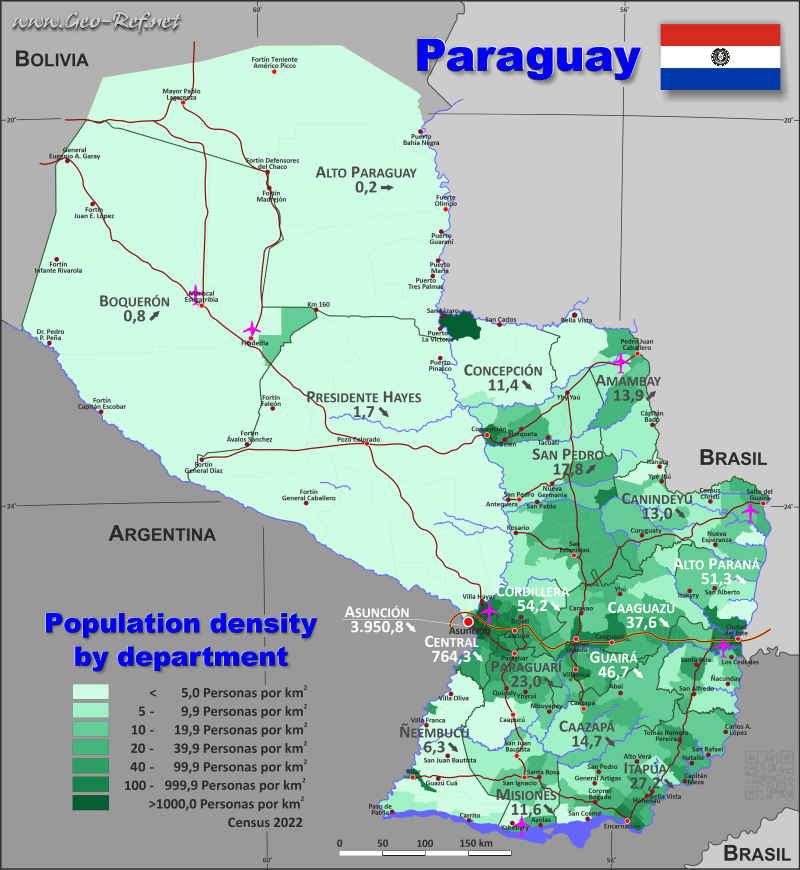 Mapa Paraguay Divisin administrativa - Densidad de población 2020