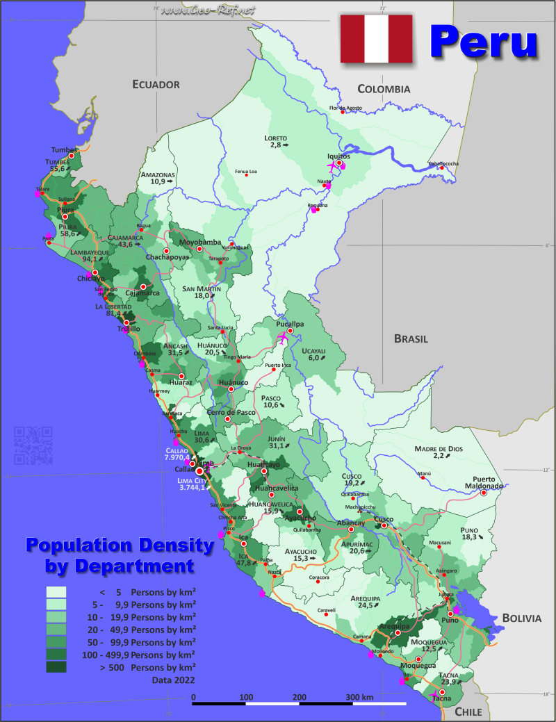 Karte Peru - Verwaltungsstruktur - Bevölkerungsdichte 2020