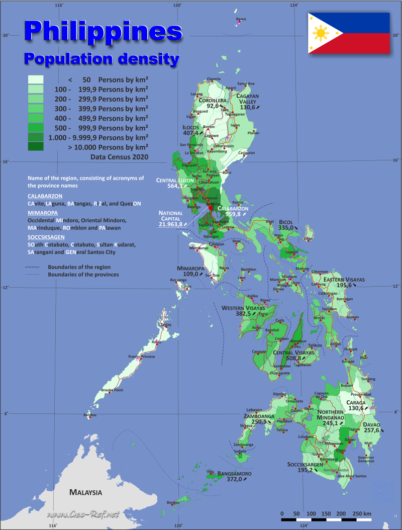 Karte Philippinen - Verwaltungsstruktur - Bevölkerungsdichte 2020