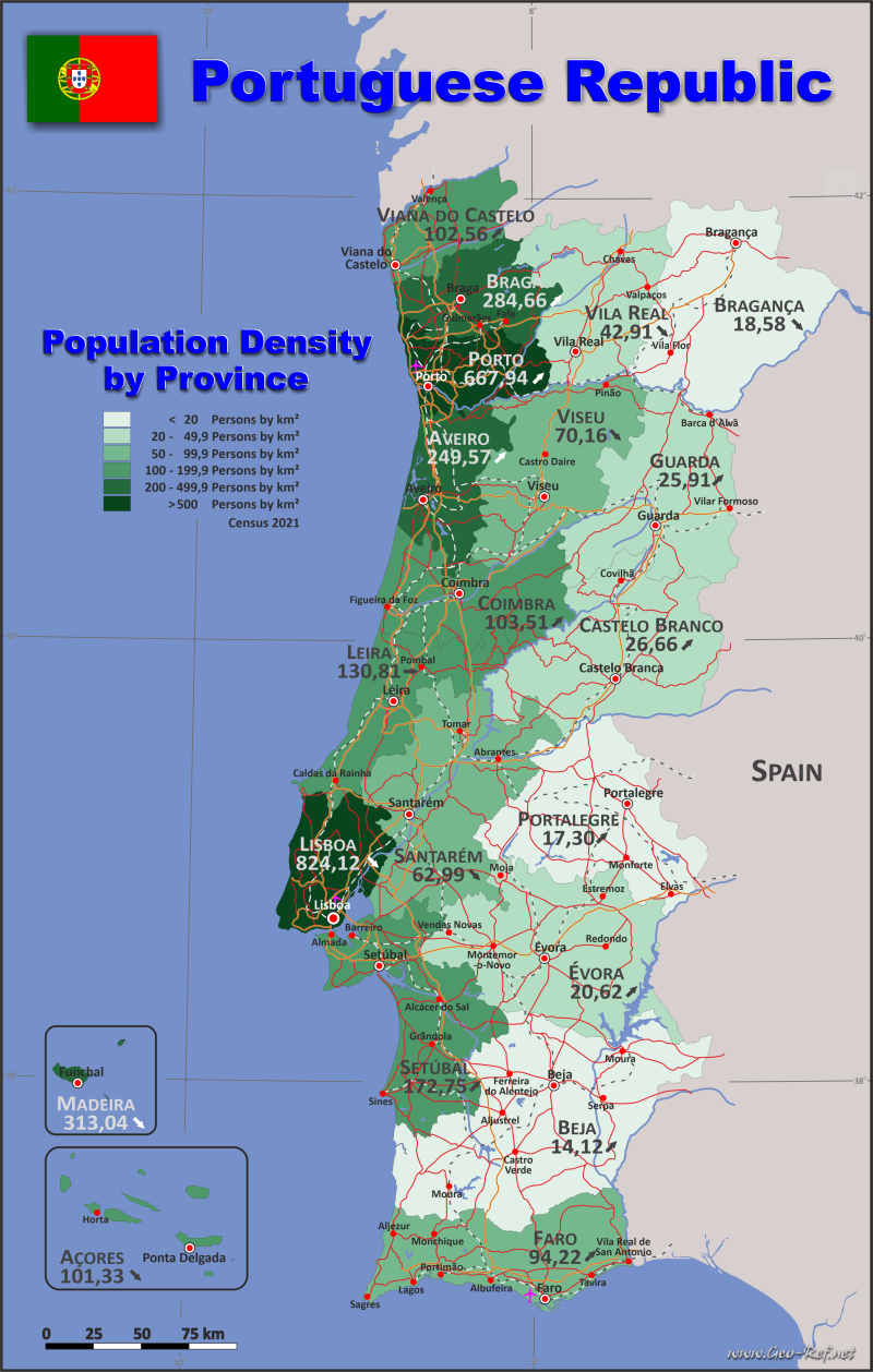 Mapa Portugal Divisin administrativa - Densidad de población 2021