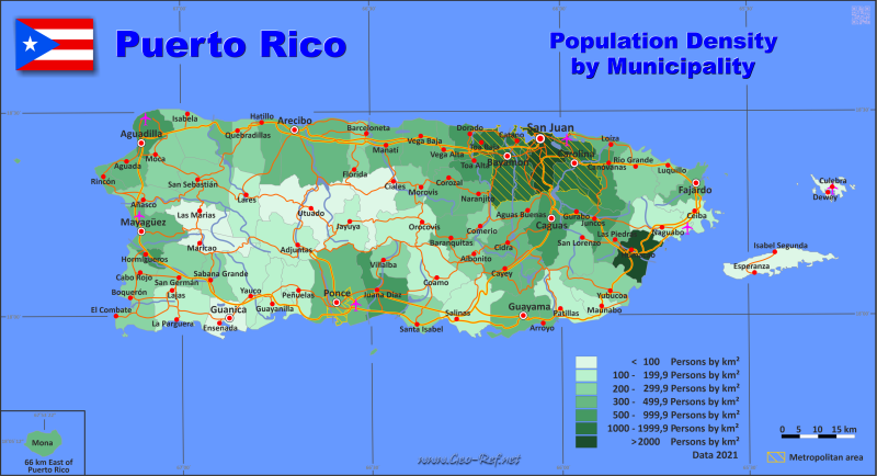 Mapa Puerto Rico Divisin administrativa - Densidad de población 2021