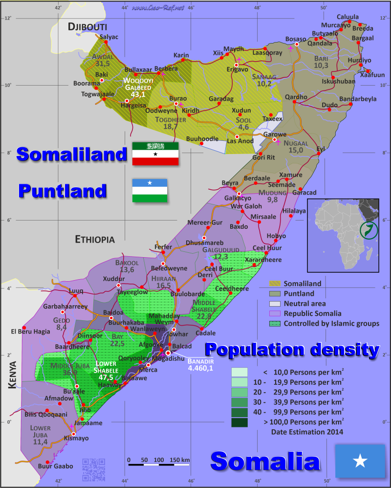 Map Puntland - Administrative division - Population density 2016