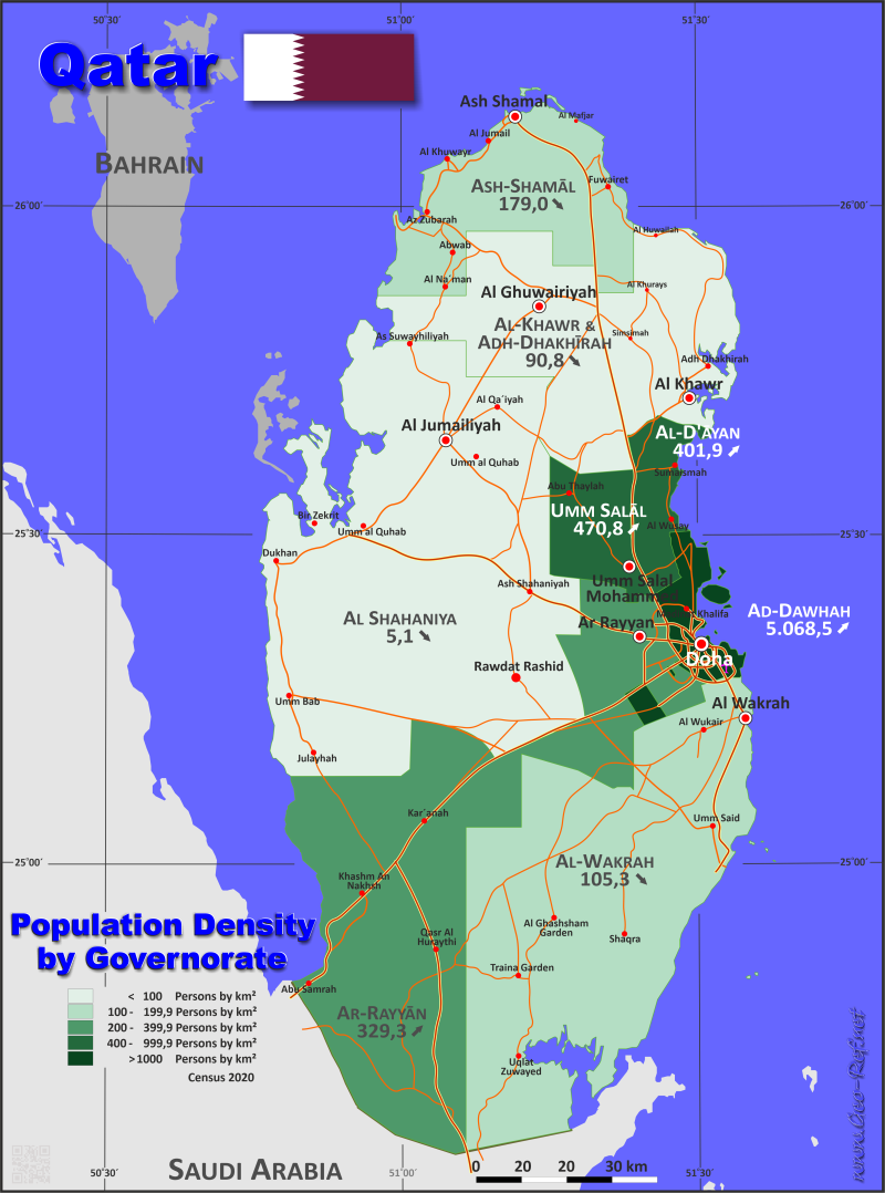 Mapa Catar Divisin administrativa - Densidad de población 2022