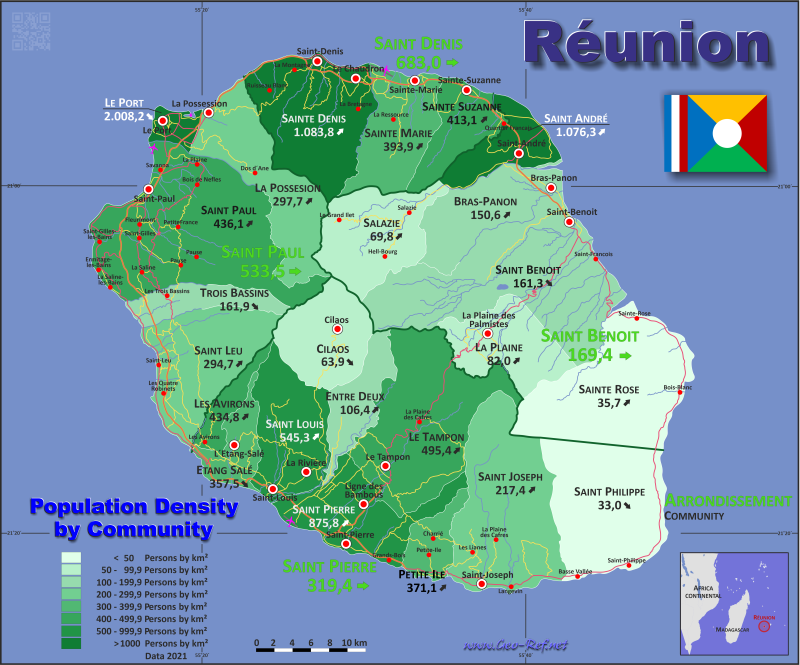 Map Reunion - Administrative division - Population density 2021