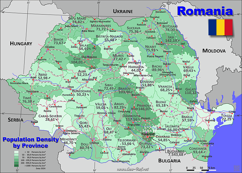 Map Romania - Administrative division - Population density 2021