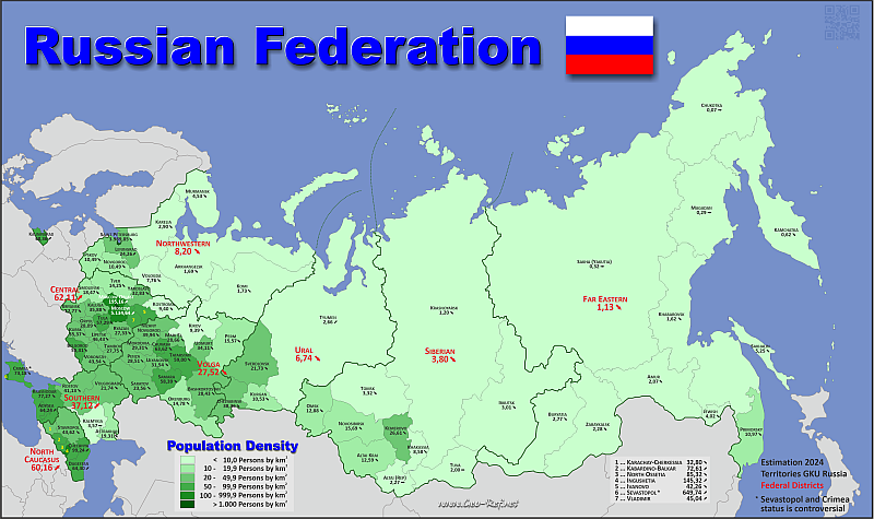 Karte Russland - Verwaltungsstruktur - Bevölkerungsdichte 2021