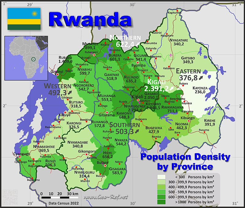 Map Rwanda - Administrative division - Population density 2020