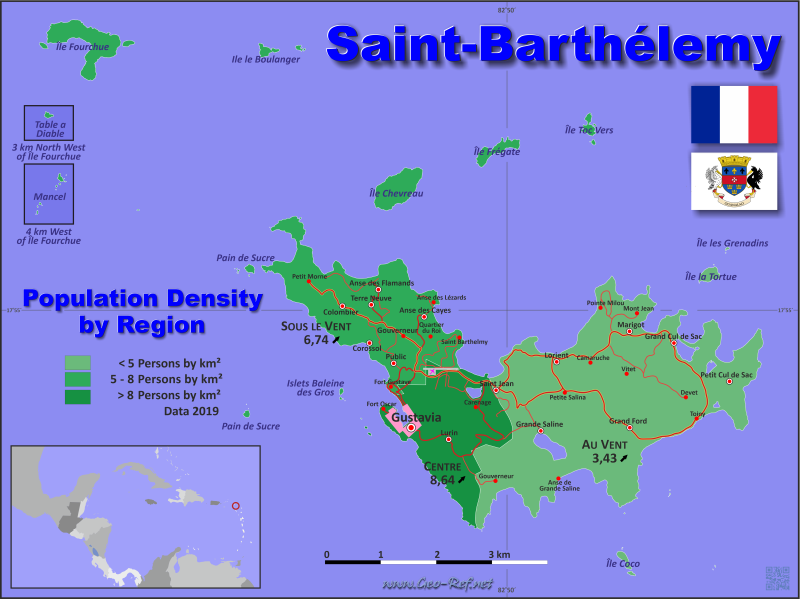 Karte Saint Barthólemy - Verwaltungsstruktur - Bevölkerungsdichte 2020