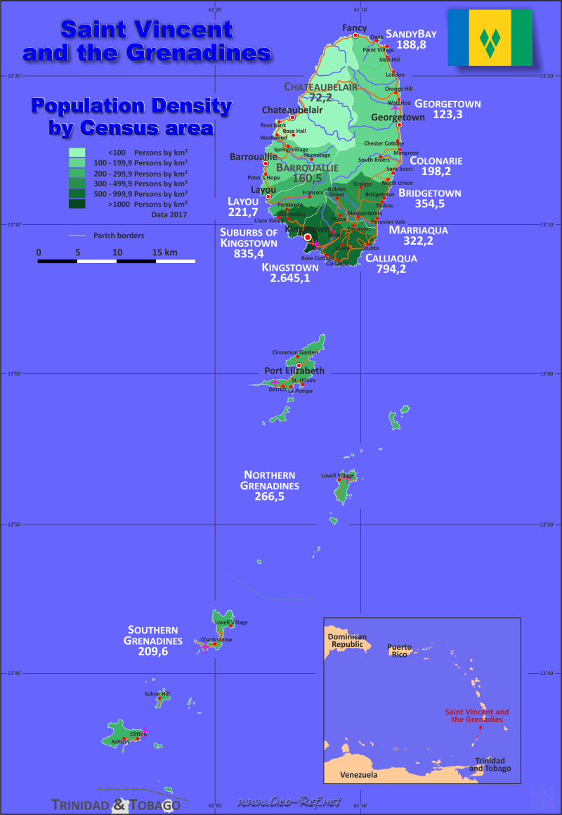 Karte Saint Vincent - Verwaltungsstruktur - Bevölkerungsdichte 2017